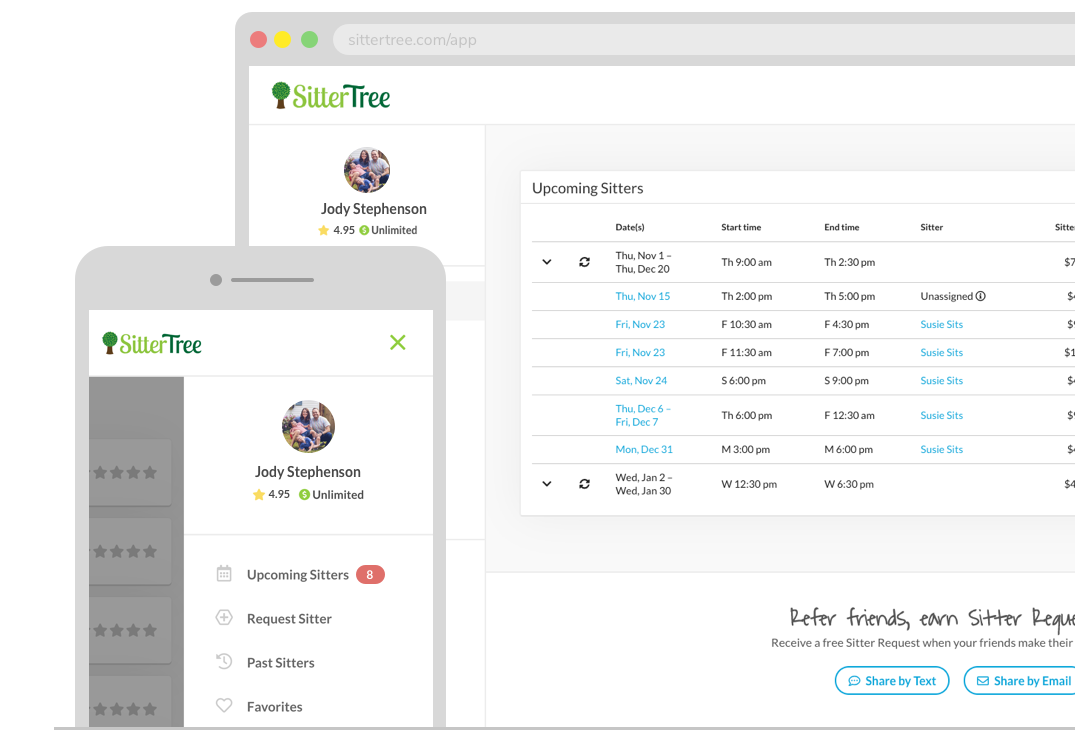 SitterTree App Dashboard for Family